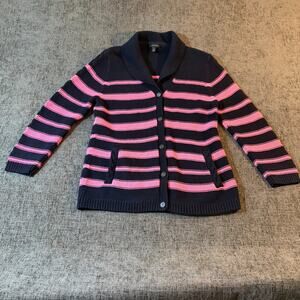 Talbots Medium Navy and Pink Striped Long Sleeve Cardigan with Shawl Collar